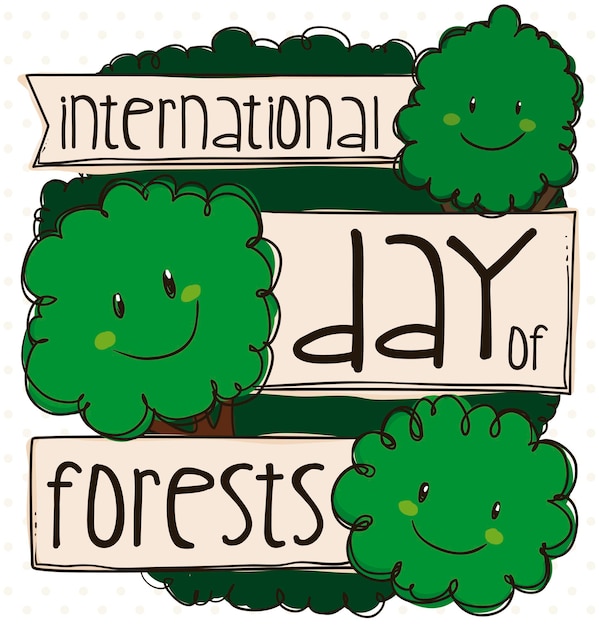 국제 숲의 날을 기념하는 행복한 나무들은 리본과 사랑스러운 미소로 홍보합니다.