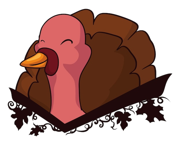 Vector happy turkey portrait with head and feathered tail with leaves and vines on white background