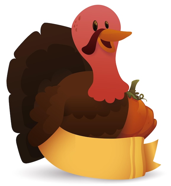 Happy turkey with pumpkin behind a ribbon with blank space to celebrate Thanksgiving