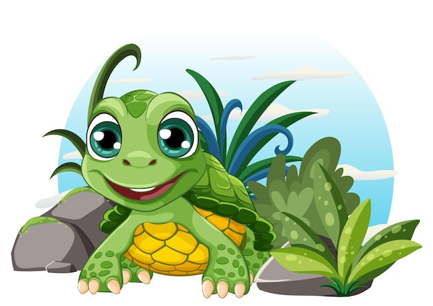 A happy turtle is smiling and standing near plants and rocks in