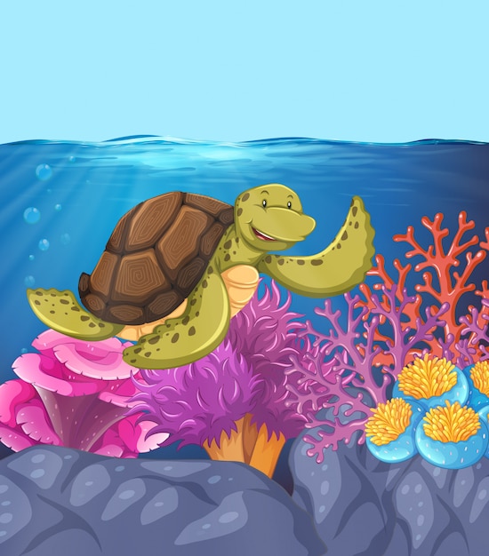 Vector happy turtle underwater reef scene