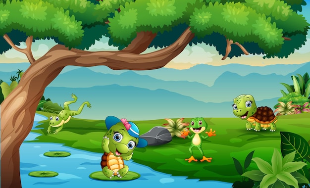 Happy turtles and frogs playing in the river illustration