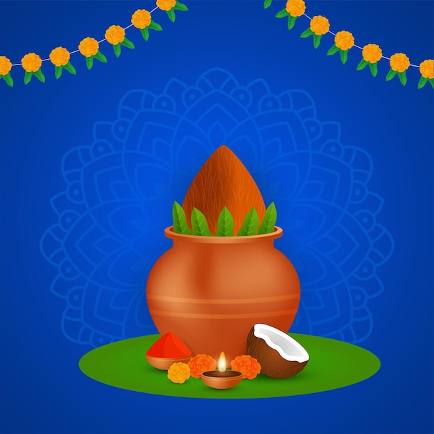 Vector happy ugadi background with decorative elements on blue background