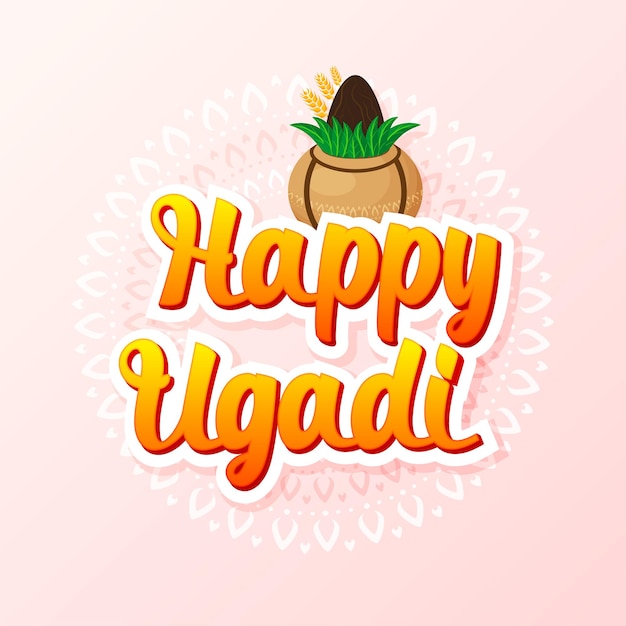 Happy Ugadi belettering met Kalash en rangoli op een roze achtergrond. Gudi Padwa Hindoe nieuwjaar.