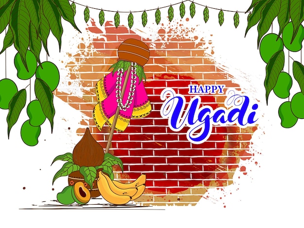 Happy ugadi celebration concept con tradizionale gudhi worship pot kalash e mango su brush effect sfondio in mattoni marroni e bianchi