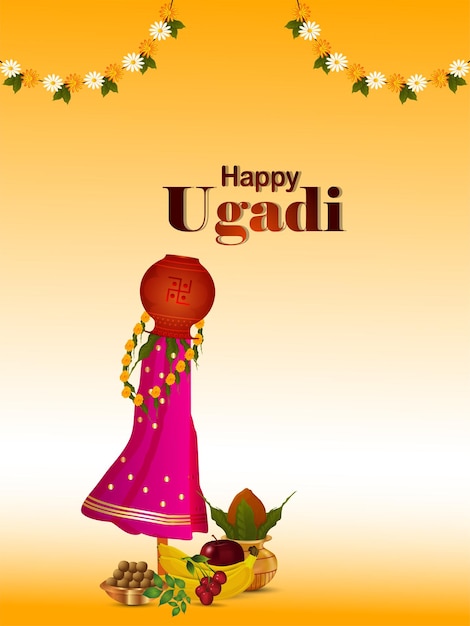 Happy ugadi celebration greeting card with traditional pot