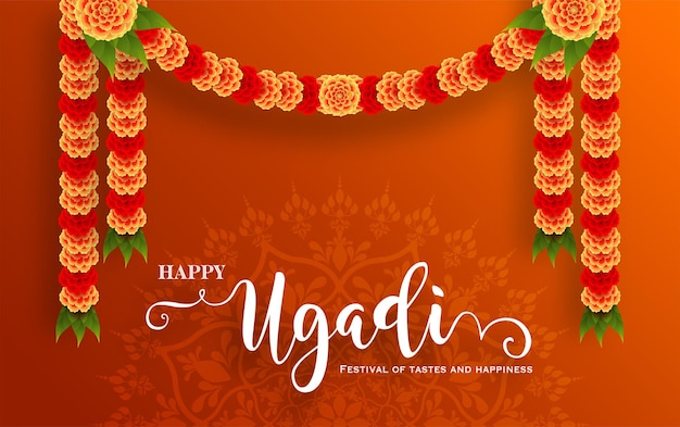 Happy Ugadi festival Vector Illustratie gebaseerd op Ugadi Font op kleurrijke decoratieve fest