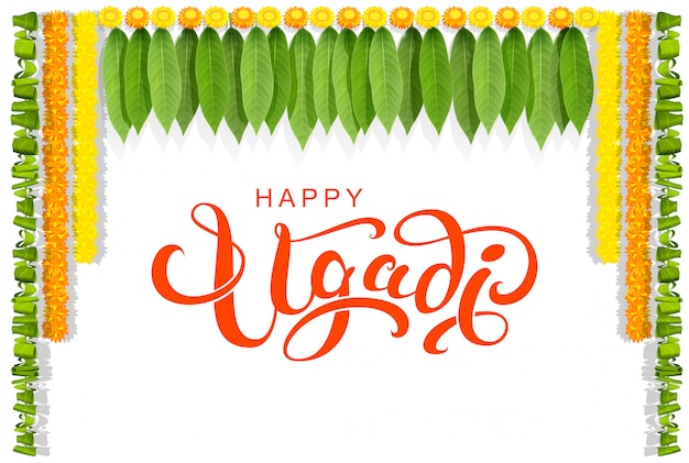 Happy ugadi floral leaf garland text greeting card