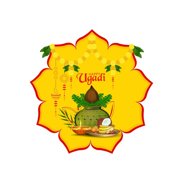 Vettore fondo felice della cartolina d'auguri di ugadi con kalash decorato