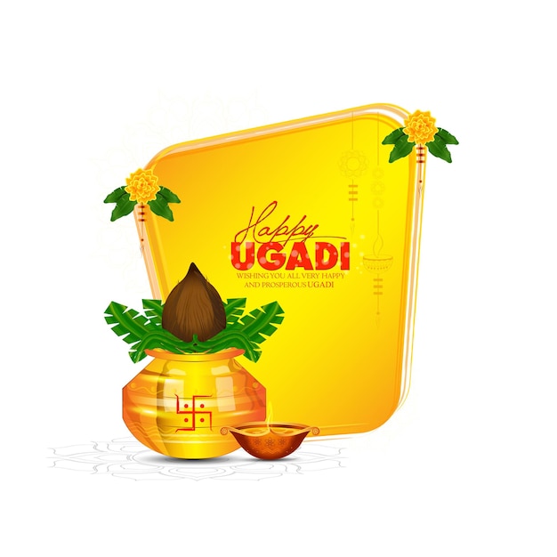 Happy Ugadi Greeting Card Background With Decorated Kalash