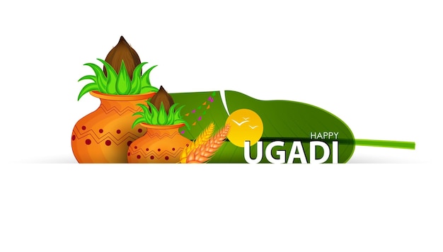 Happy ugadi greeting card background with kalash.