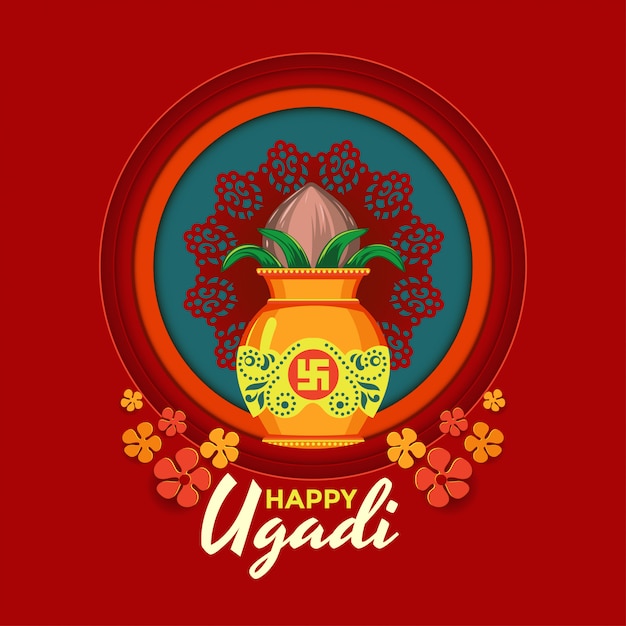 Vettore cartolina d'auguri felice ugadi con kalash decorato