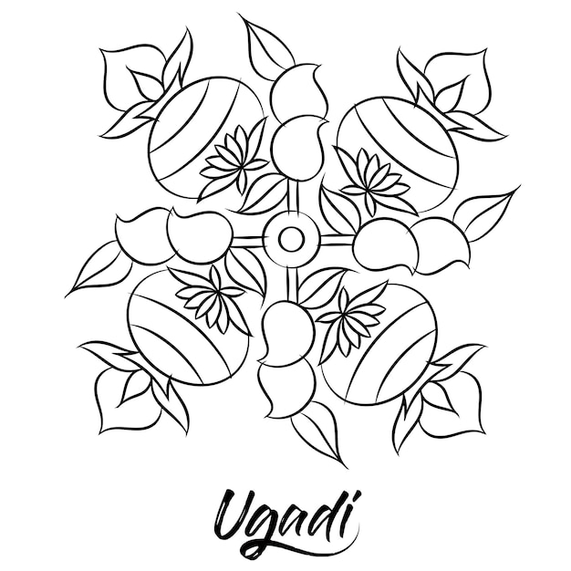 Happy Ugadi Gudi Padwa Hindu New Year Greeting Card black and white Vector Illustration