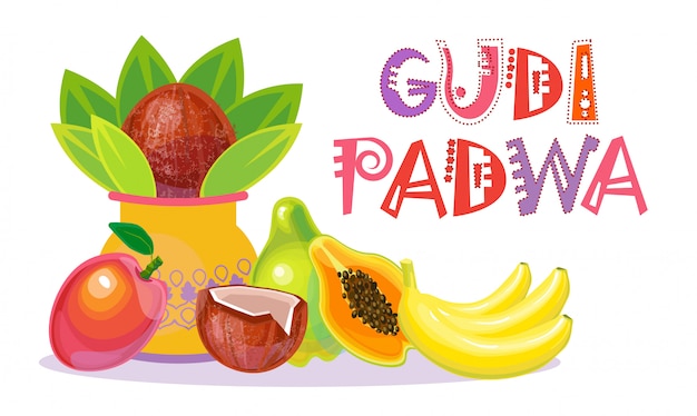 Pentola indù felice di festa della cartolina d'auguri del nuovo anno di ugadi e di gudi padwa con noce di cocco