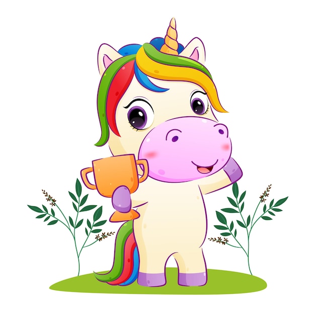 The happy unicorn is holding a golden trophy   illustration