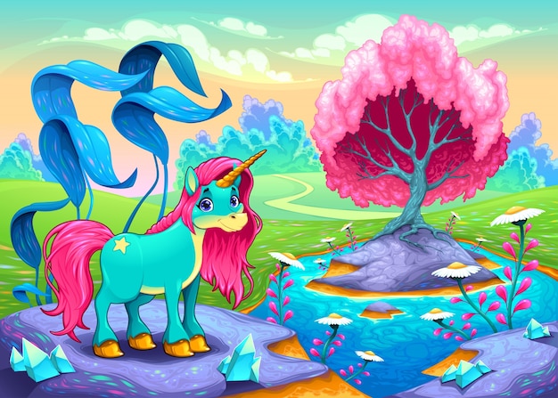 Vector happy unicorn in a landscape of dreams