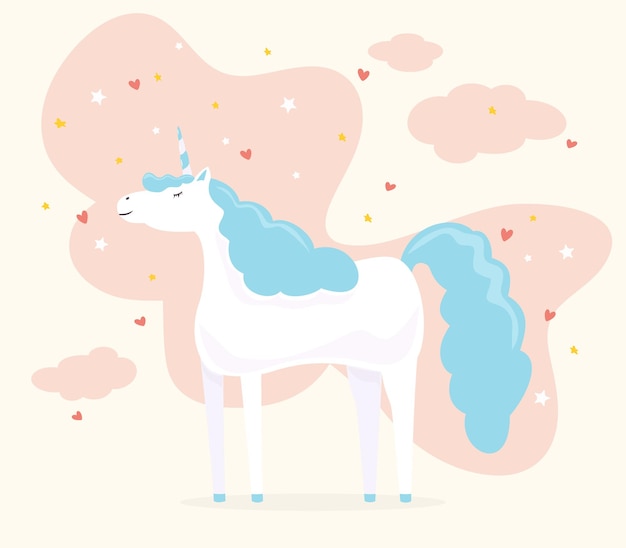 Unicorno felice con i capelli blu. stelle e cuori su sfondo rosa, illustrazione.