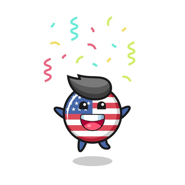 Happy united states flag badge mascot jumping for congratulation with colour confetti