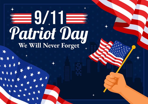 happy usa patriot day vector illustration featuring the united states flag 911 memorial and we will never forget background in flat cartoon style
