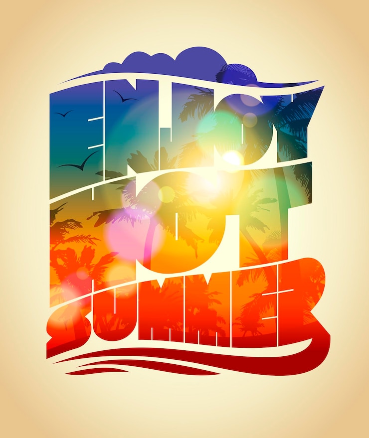 वेक्टर happy vacation card with sunset tropical backdrop silhouette