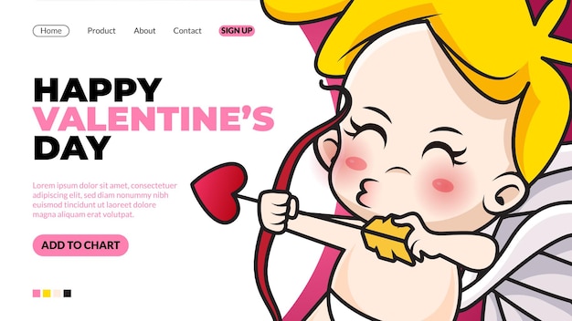 Happy valentijnsdag bestemmingspagina sjabloon met schattige cartoon karakter illustraties