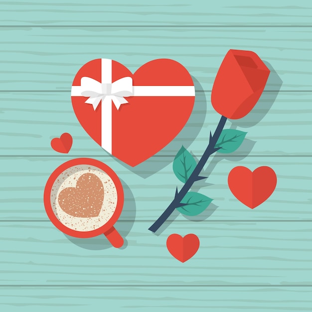 Vector happy valentijnsdag bovenaanzicht op houten tafel met rode roos een kopje koffie met een hart cadeau met r