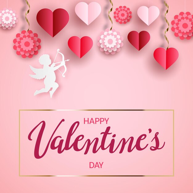Happy Valentijnsdag kaart met hangende papieren bloemen, een cupido en hartjes.
