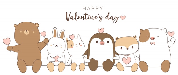 Happy Valentijnsdag met schattige dieren cartoon hand getrokken stijl