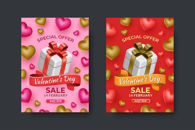 Happy valentijnsdag promotie verkoop brochure sjabloon collectie met geschenkdoos en hart ornament