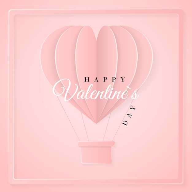 Happy valentijnsdag retro uitnodigingskaartsjabloon met origami papier hete luchtballon in hartvorm. roze achtergrond.