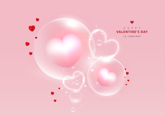 Happy Valentijnsdag roze harten ballonnen in zeepbellen drijvend geïsoleerd op zacht roze achtergrond