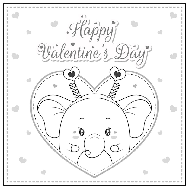 Happy valentijnsdag schattige olifant tekening briefkaart groot hart schets om in te kleuren