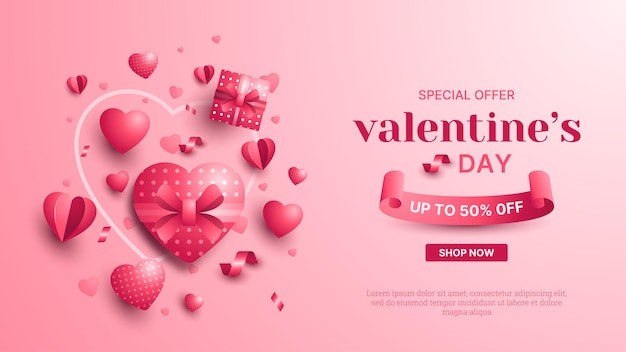 Happy Valentijnsdag verkoop promo achtergrond met ballonnen en hart verrassingsgeschenk