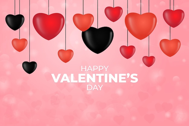 Vector happy valentijnsdag wenskaart met realistische mooie rode en zwarte harten op de achtergrond