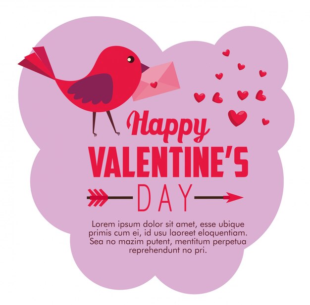 Happy valentine card with bird and hearts decoration