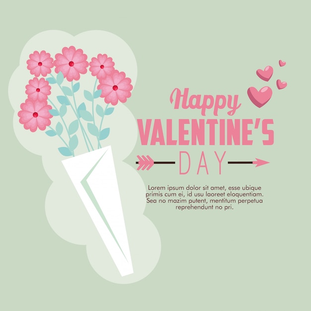 Happy valentine card with hearts and bouquet flowers