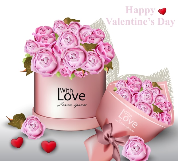 Vector happy valentine card with peony flowers gift box vector illustrations