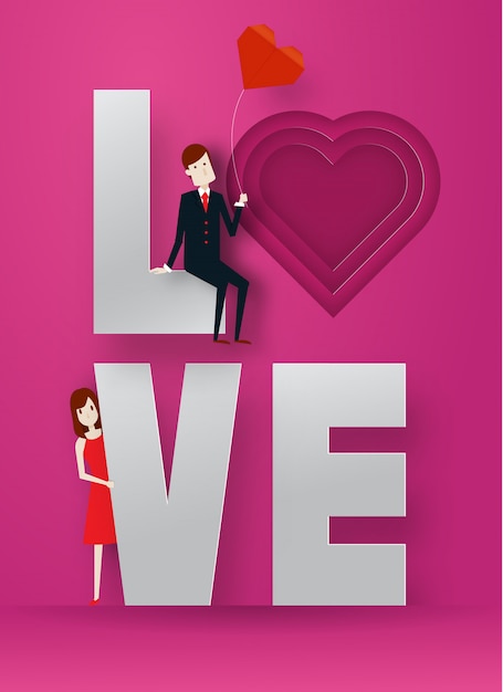 Happy valentine day 3d layer paper art style with smart guy and cute girl and text vector illustration