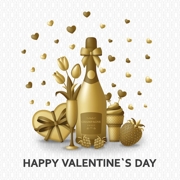 Happy valentine day achtergrond met champagne, cadeau, bloemen en bessen