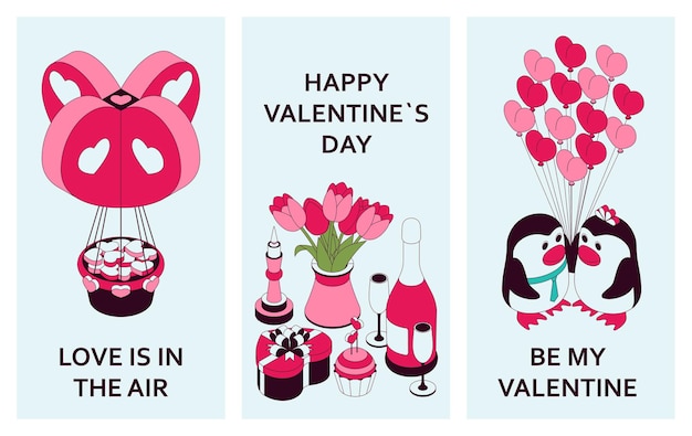 Happy Valentine Day background with cute isometric elements. Greeting card and Love template