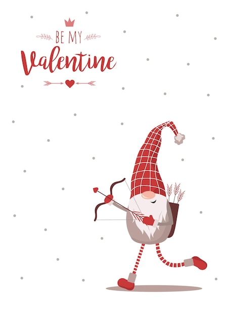 Happy valentine day card with gnome in hat with bow and cupids arrows