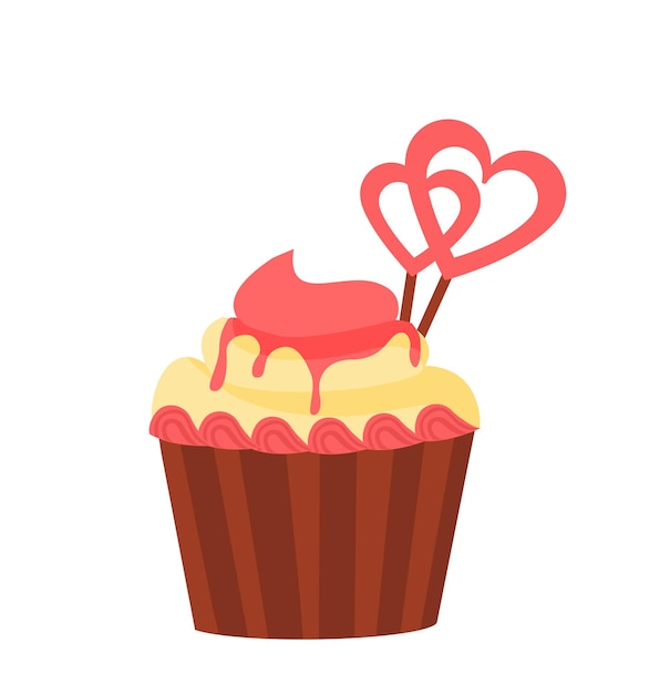 해피 발렌타인 데이 컵케이크 개념 베이커리 및 홈메이드 음식 베이지색 글레이즈와 핑크 하트가 있는 케이크 소셜 미디어 스티커 흰색 배경에 격리된 만화 플랫 벡터 그림