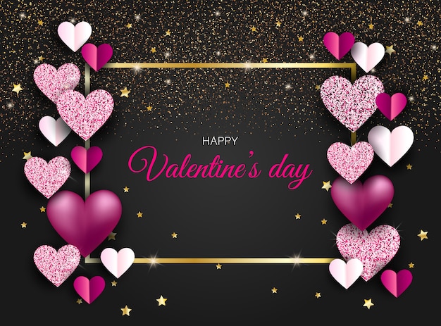 Premium Vector  Happy valentine day festive sparkle layout template  design. glitter pink hearts on white background with frame, border.