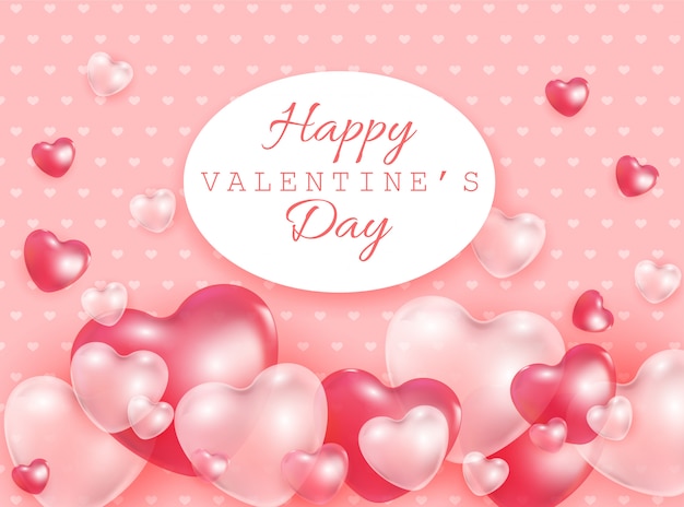 Happy Valentine Day gift card with red and pink 3d heart shapes transparent balloons - vector illustration of romantic.