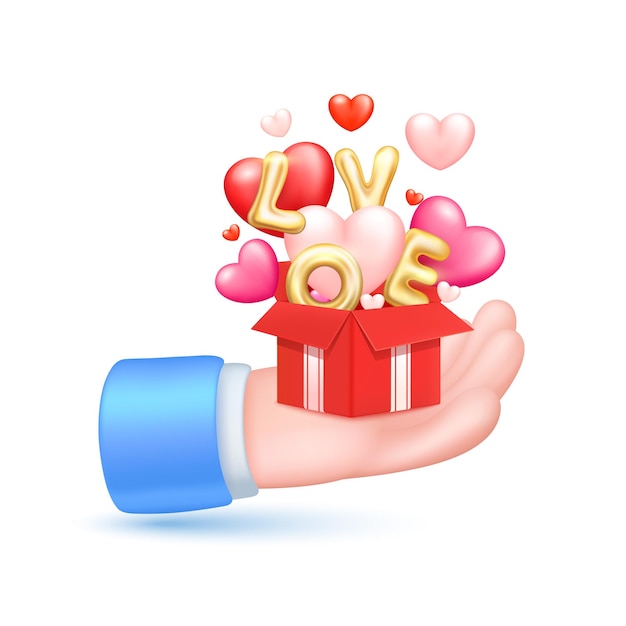 Happy valentine day heart shaped and golden letters sign love float out of the red gift box in hand