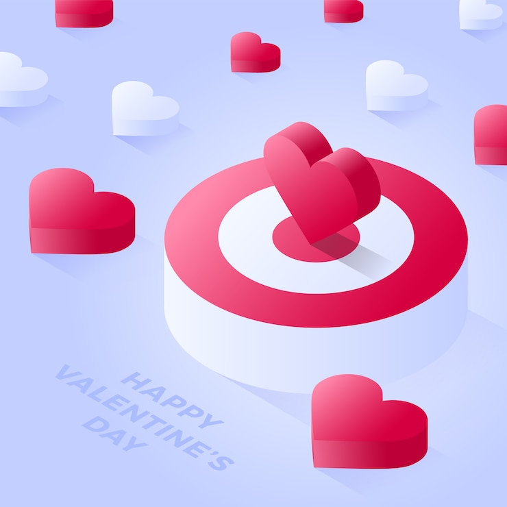 Vector happy valentine day isometric heart standing on bigger target. red target or podium vector icon. isometric red podium vector icons for web   on light background.