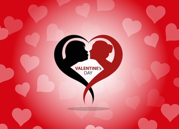 Vector happy valentine day kissing couples silhouette on red hearts background vector