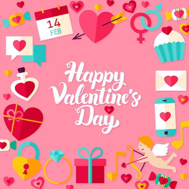 happy valentine day lettering postcard. vector illustration of modern calligraphy love holiday concept.