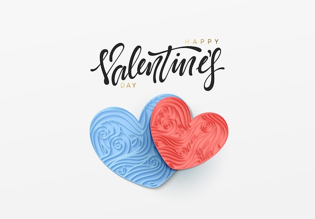 Happy valentine day. Paper art heart love in the style of quilling. Vector illustration.