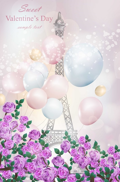 Happy Valentine Day Romantic card with balloons and Eiffel Tower